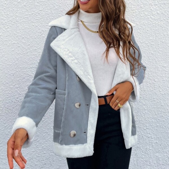 Cozy Charcoal Grey Luxe Teddy Vegan Suede Jacket Coat - Picture 6 of 8